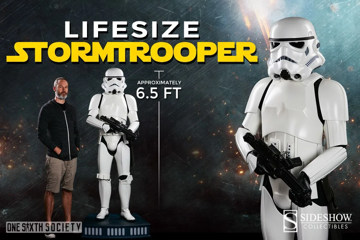 Sideshow life-size Stormtrooper holding a blaster, shown on its base beside an adult and in a closer armor view.