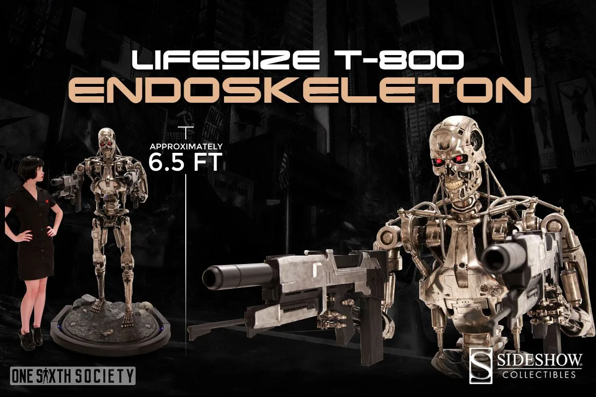 Sideshow life-size T-800 Endoskeleton with red eyes and a large firearm, shown beside an adult on a skull-strewn base.
