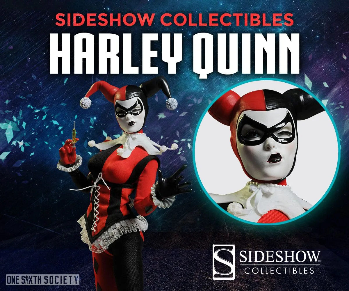 Sideshow Harley Quinn figure in a red-and-black jester costume beside a close-up of her white-painted face, wink and pursed lips.