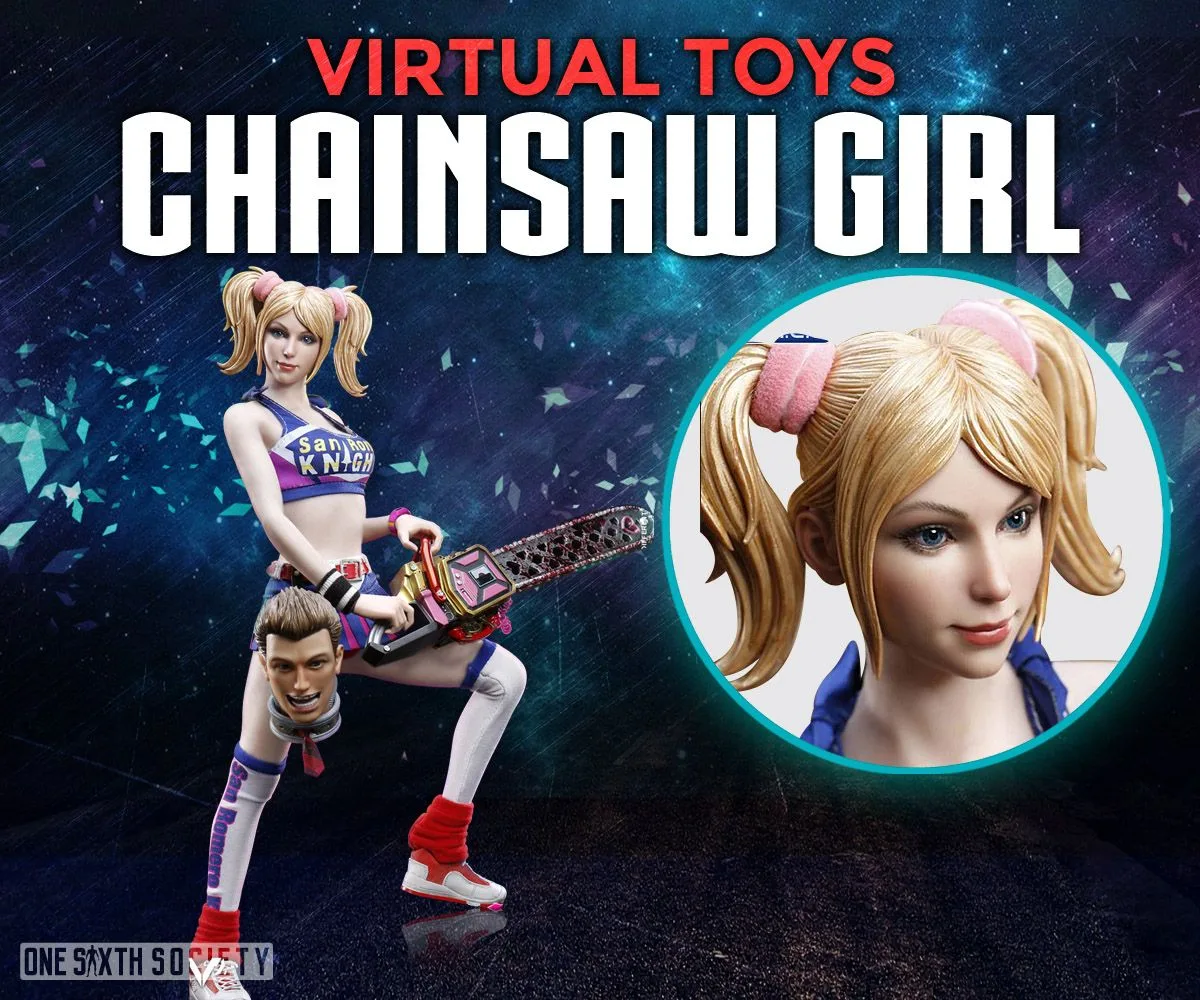 Virtual Toys Chainsaw Girl in a cheerleader outfit with a pink chainsaw beside a face close-up showing blond pigtails and a slight smile.