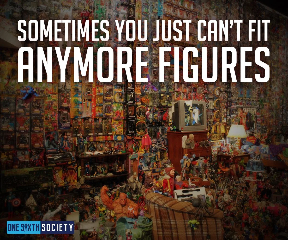 Room densely packed with toys, figures and shelves beneath a reminder that sometimes no more figures will fit.
