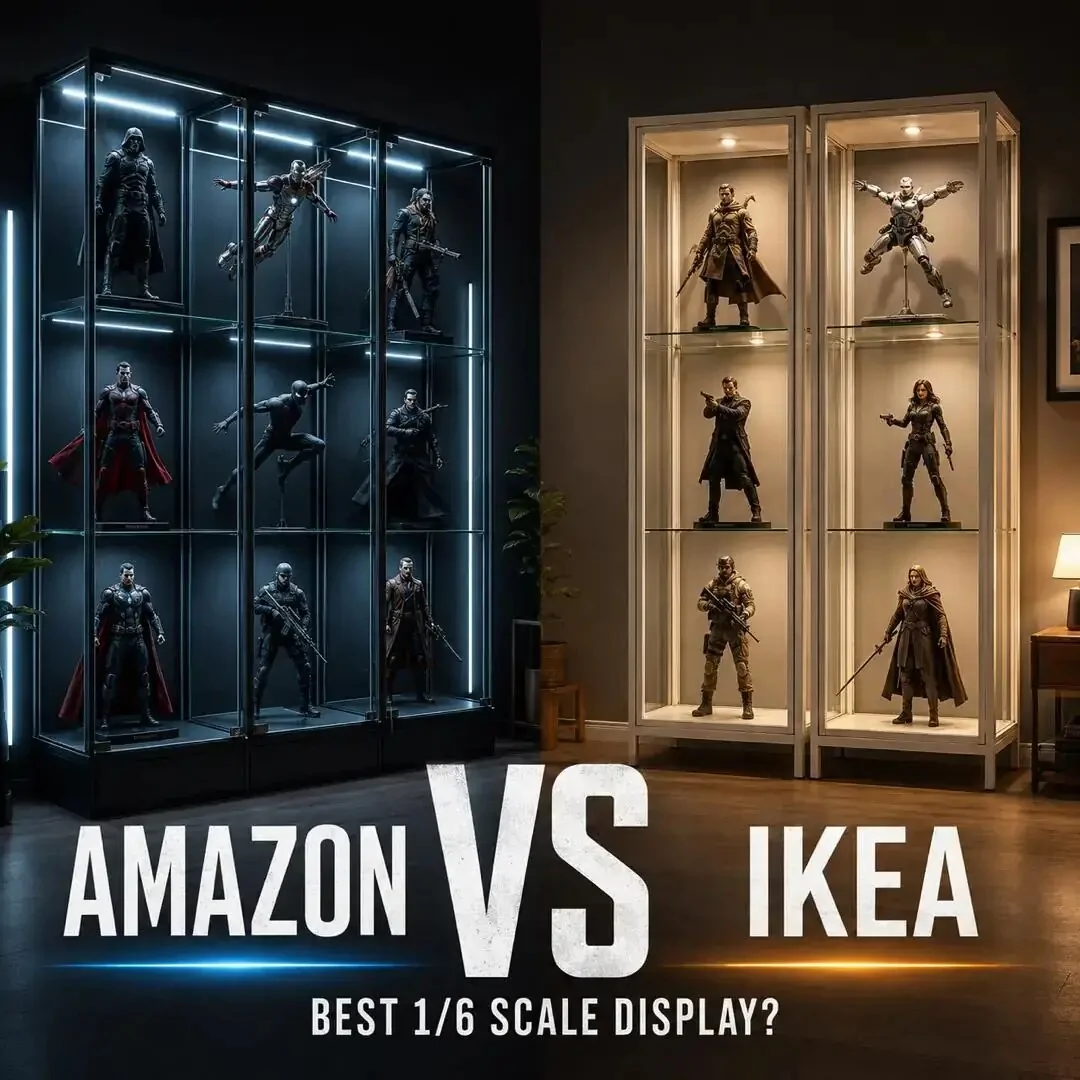 Amazon versus IKEA comparison illustration showing dark blue-lit figure cabinets beside pale warm-lit cabinets, with the question Best 1/6 Scale Display?