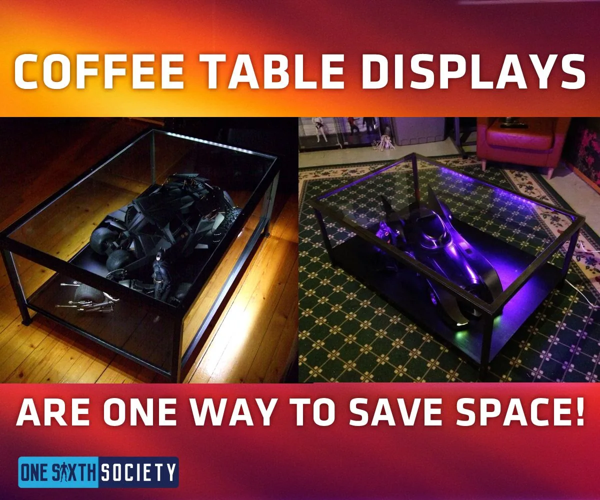 Two glass-topped coffee tables displaying Batmobile models, one with purple lighting, beneath a space-saving display caption.