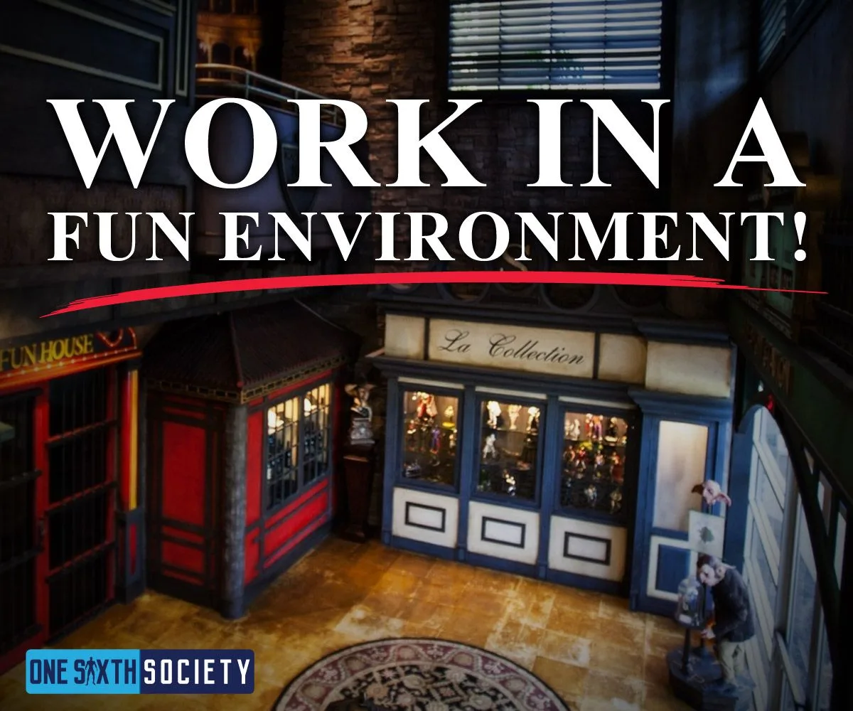 Work in a Fun Environment recruitment graphic over an indoor scene with decorative storefronts and collectible displays.