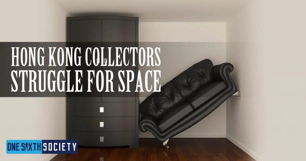 Small-room illustration with a tall cabinet and a sofa wedged diagonally beside Hong Kong Collectors Struggle for Space lettering.