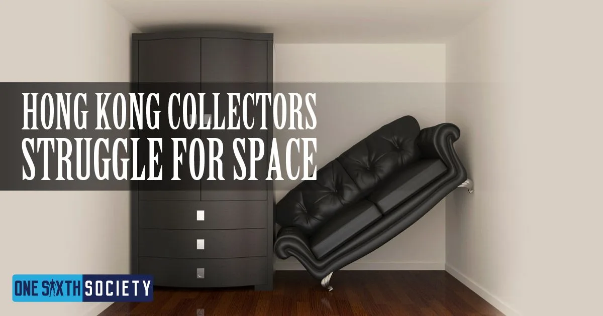 Small-room illustration with a tall cabinet and a sofa wedged diagonally beside Hong Kong Collectors Struggle for Space lettering.