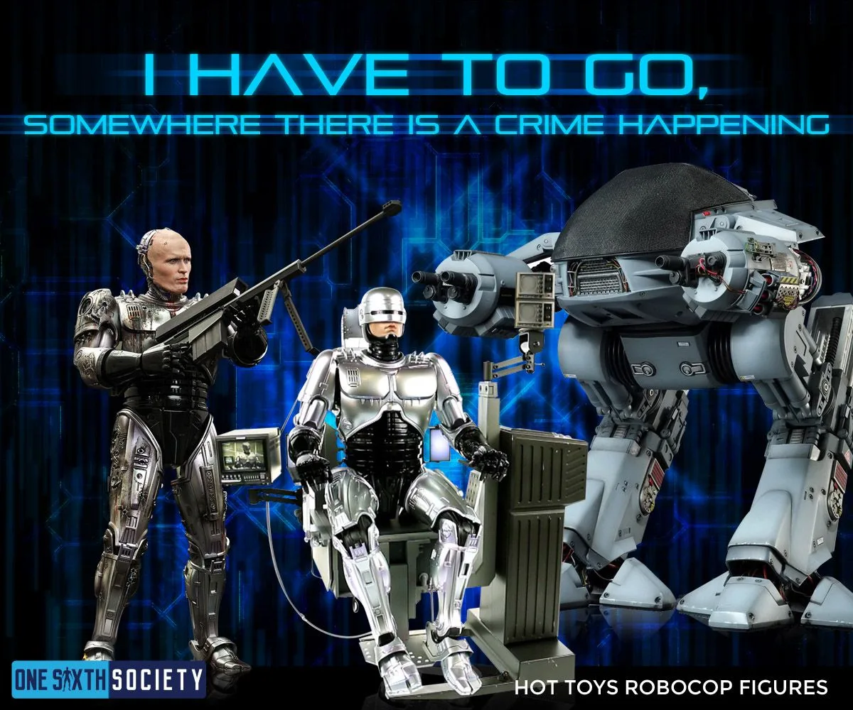 Hot Toys RoboCop collectibles arranged together: an unhelmeted battle-damaged figure, RoboCop in a docking chair and ED-209.