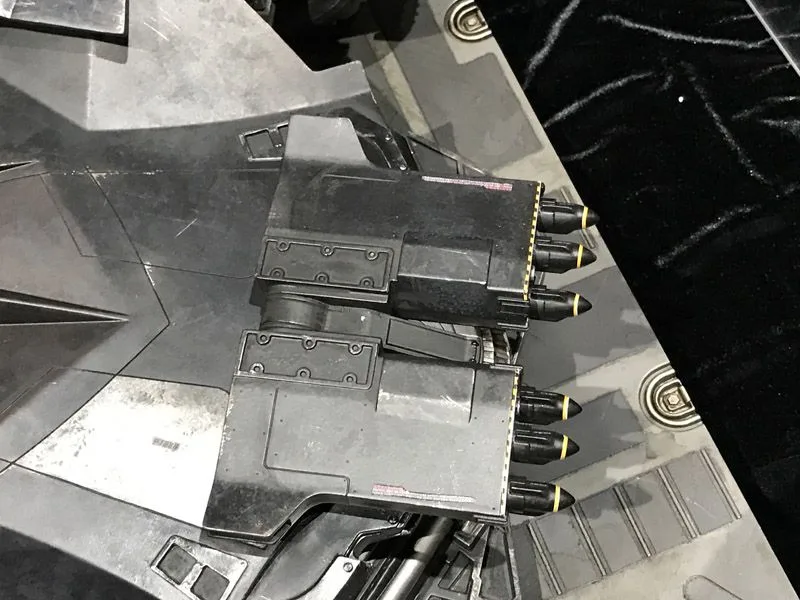 Top-down detail of the Hot Toys Batmobile’s paired rectangular weapon pods with rows of pointed projectiles.