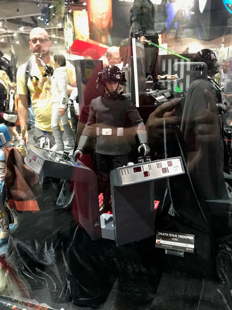 Hot Toys Death Star Trooper standing between two curved control consoles, with a spherical interrogation droid and Darth Vader nearby.
