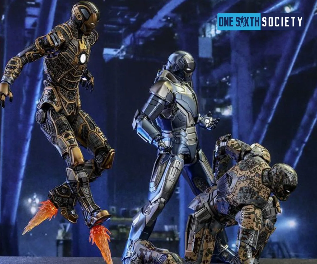 Three Iron Man figures in different armor finishes, including a camouflage-pattern suit, posed in flight and landing stances.