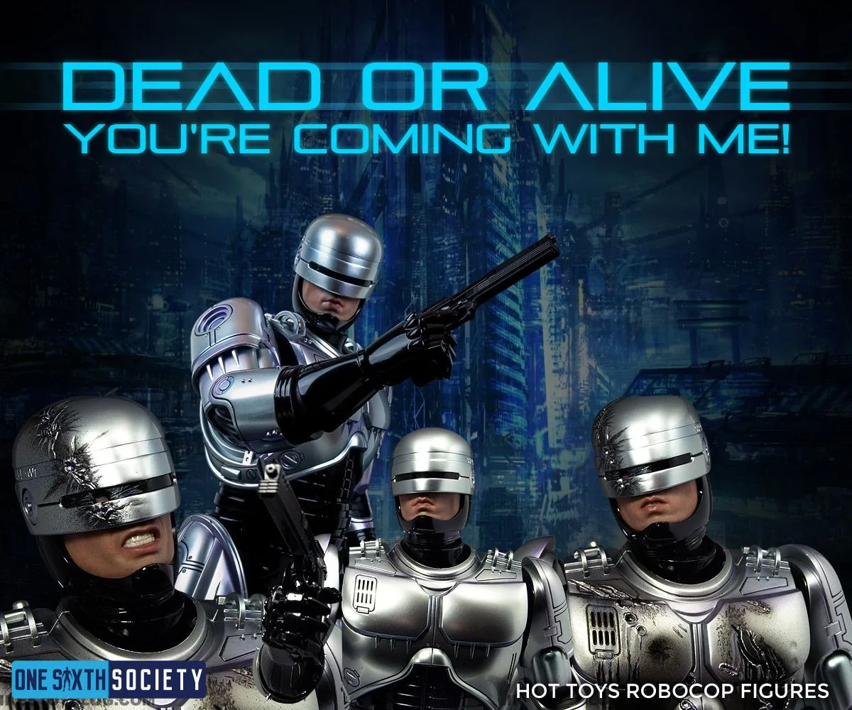 Hot Toys RoboCop figures showing an armed pose and close-up comparisons of clean and battle-damaged helmets.