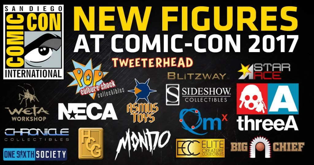 New Figures at Comic-Con 2017 cover with the Comic-Con emblem and logos of the collectible manufacturers featured in the roundup.