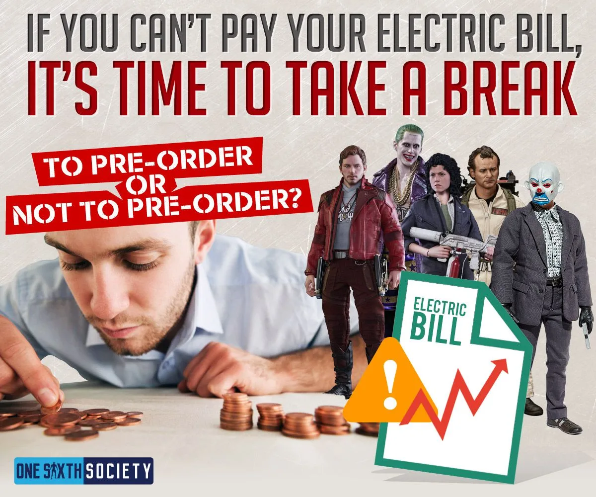 Man counting coins beside collectible figures and an electricity-bill illustration, with text urging a break when bills cannot be paid.
