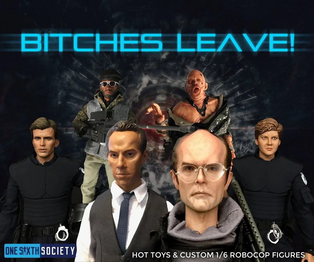 Collage of RoboCop supporting-character figures in police uniforms, a suit and damaged clothing, including custom collectibles.