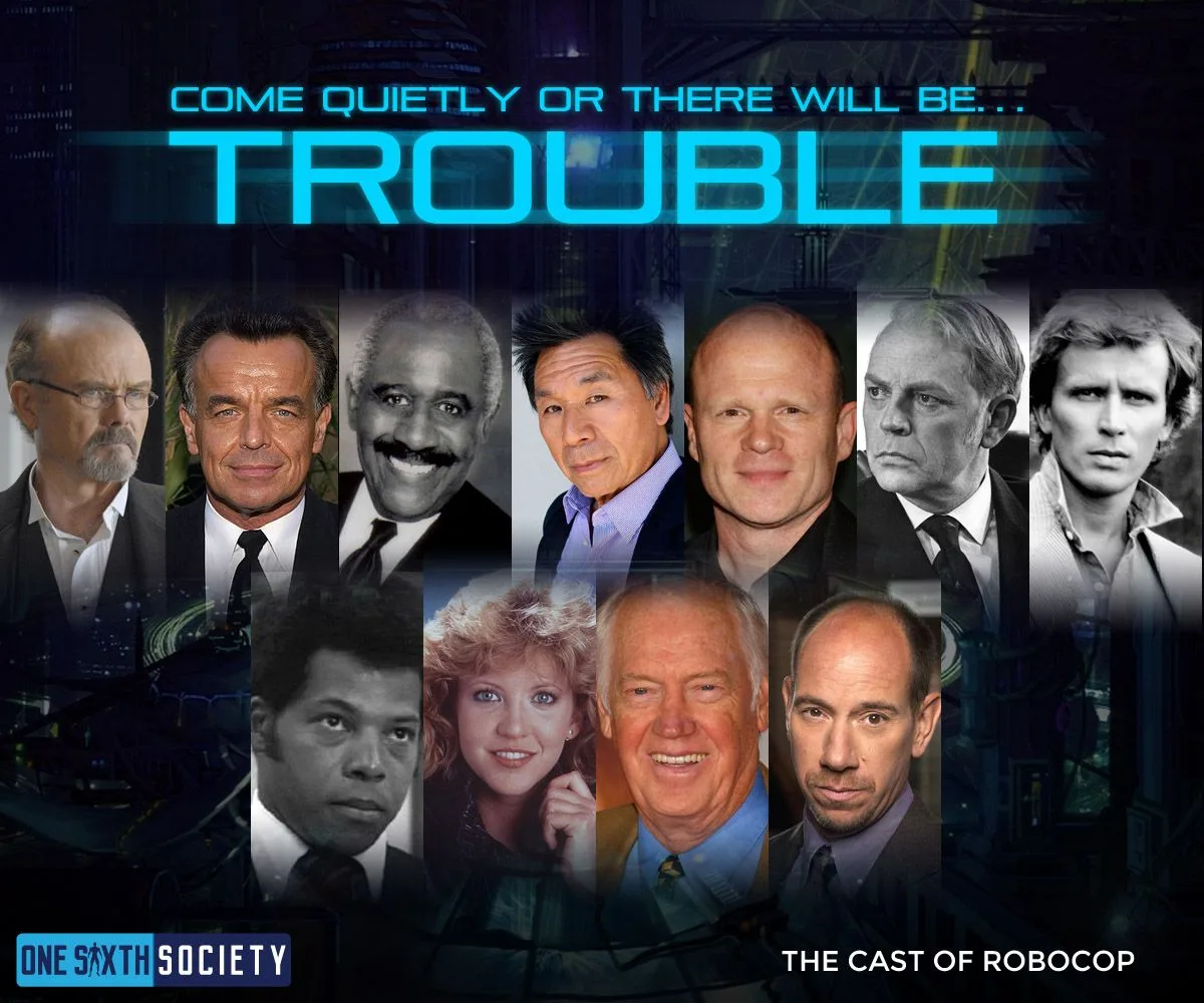 Two rows of RoboCop cast portraits beneath the phrase Come quietly or there will be trouble.