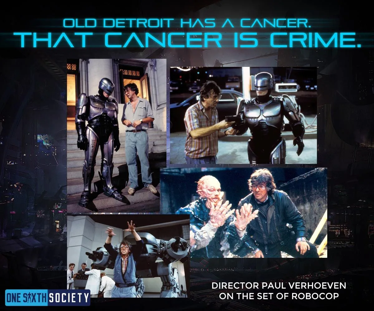 Behind-the-scenes RoboCop collage showing the armored costume, effects work and director Paul Verhoeven on set.