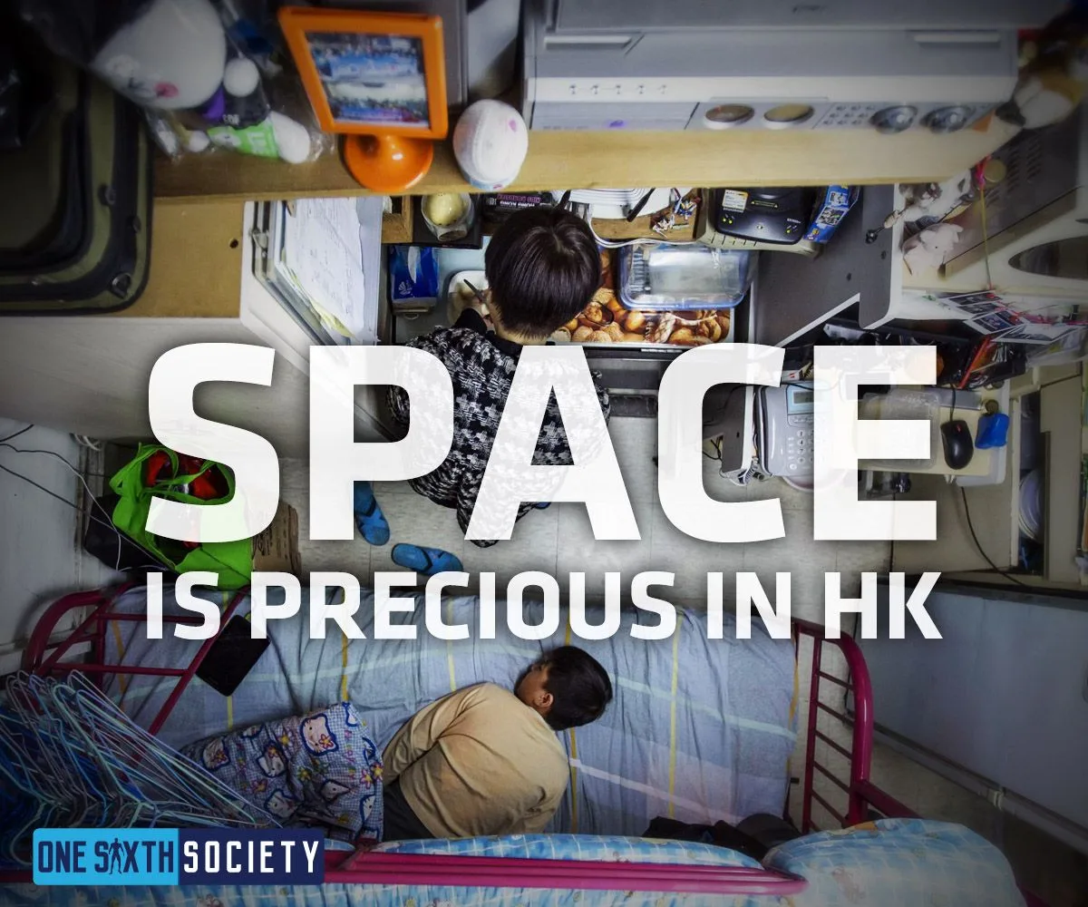 Overhead views of tightly arranged domestic spaces beneath the words Space Is Precious in HK.