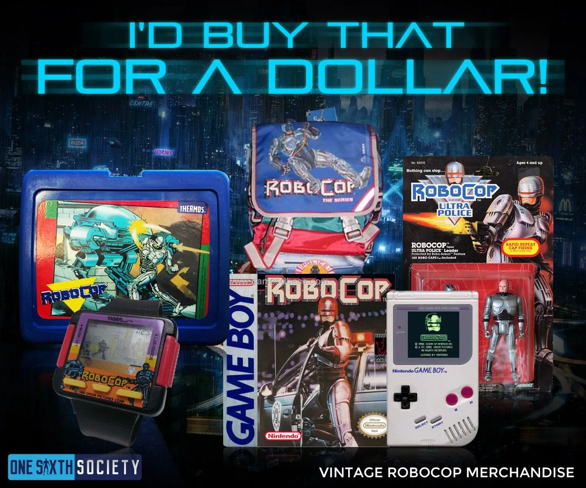 RoboCop merchandise collage featuring a lunchbox, bag, handheld game, packaged action figure and Game Boy.