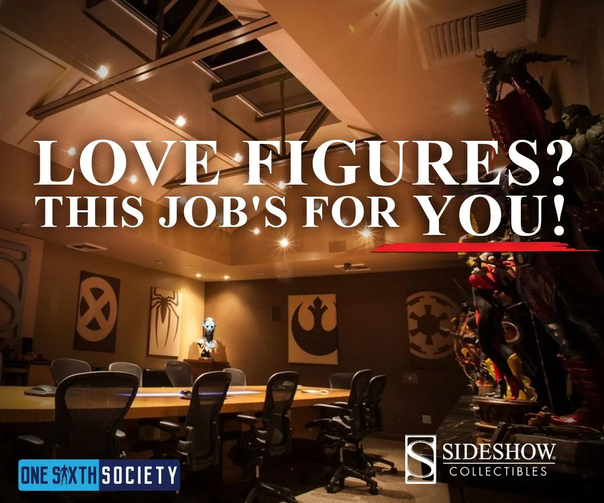Recruitment graphic over a meeting room with collectible displays, wall emblems and office chairs around a table.