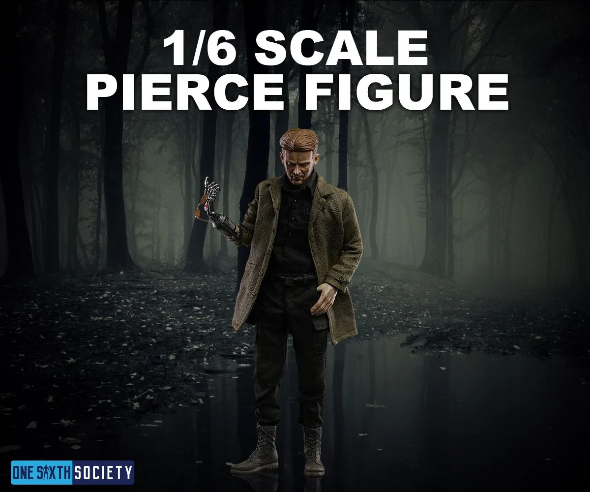 Donald Pierce sixth-scale figure in a brown coat and dark clothing, holding up a mechanical hand against a forest backdrop.