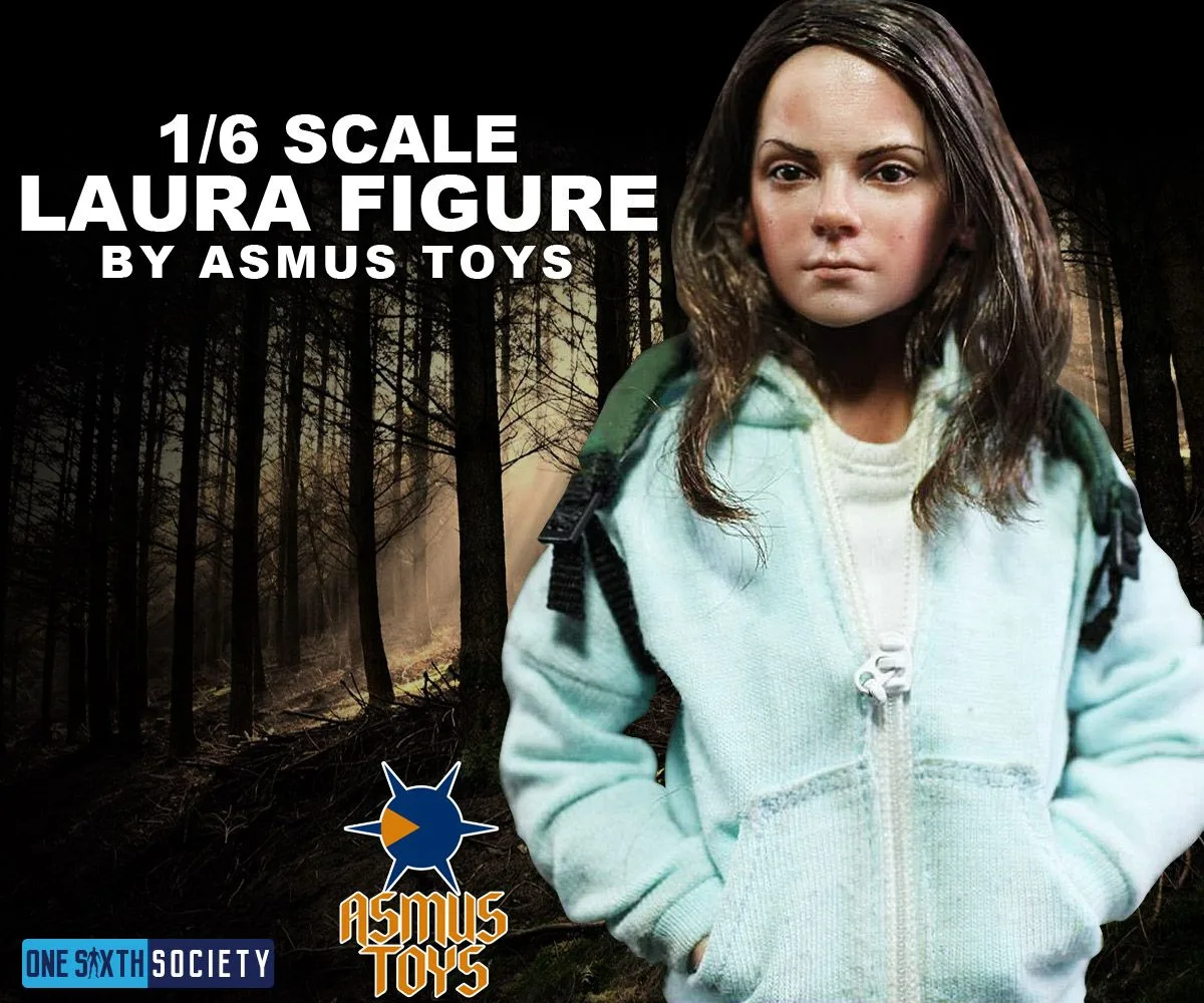 Graphic labelled Laura Figure by Asmus Toys, showing the long-haired figure in a pale blue hoodie with black backpack straps.