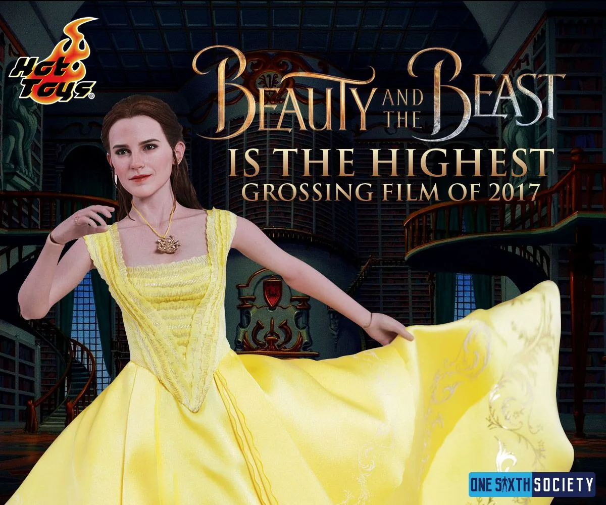 Belle figure lifting her yellow gown in a historical Beauty and the Beast box-office graphic.