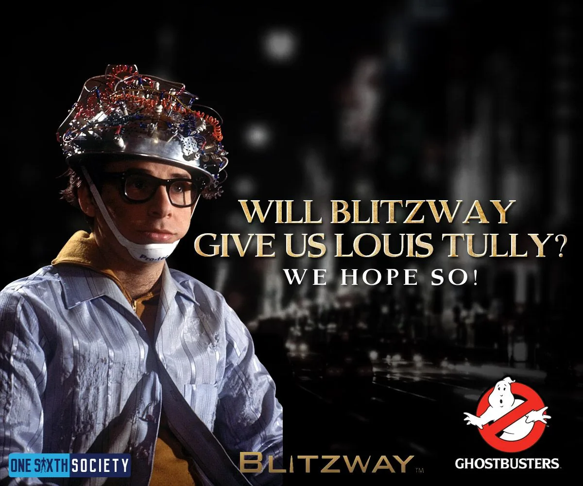 Ghostbusters wishlist artwork showing Louis Tully wearing glasses and a wired metal helmet beside the question Will Blitzway Give Us Louis Tully?