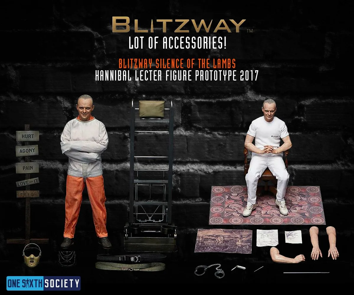Combined prototype layout of both Hannibal Lecter versions with a dolly, chair, rug, masks, interchangeable arms and small accessories.