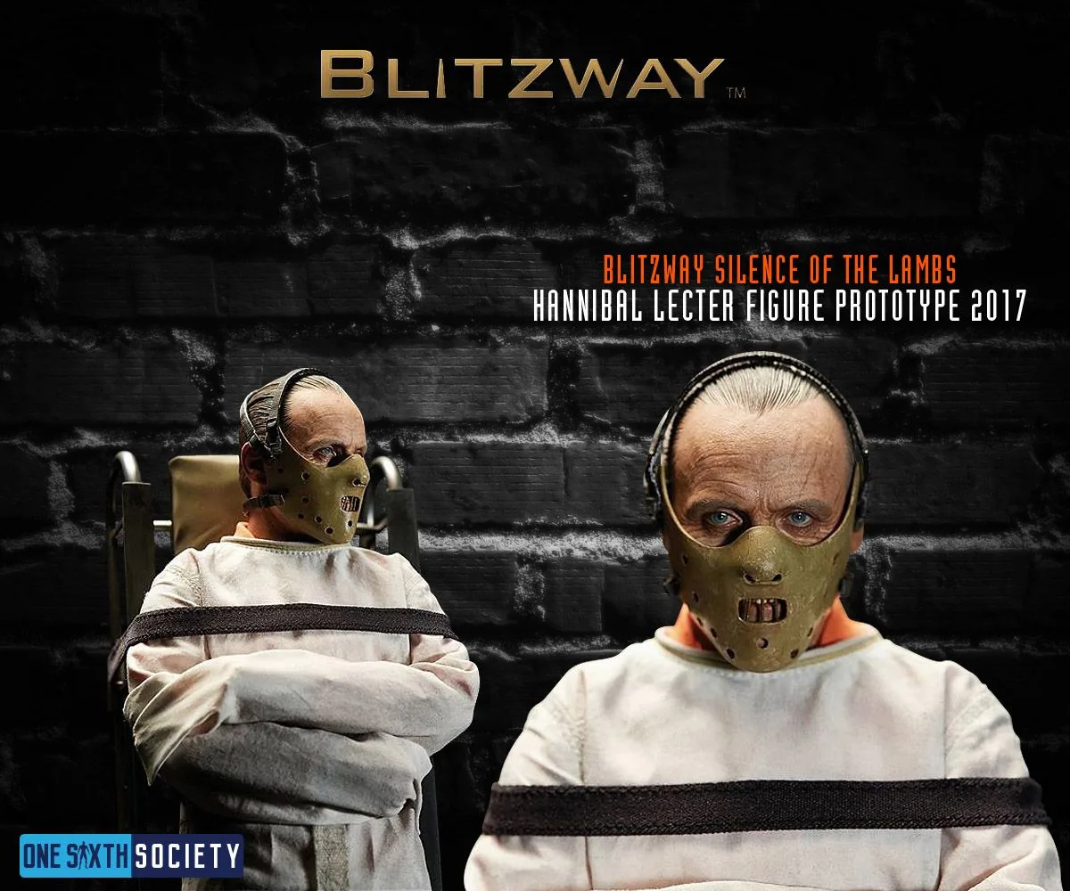 Close and three-quarter views of Hannibal Lecter's restraint mask, head straps and white straitjacket on the Blitzway prototype.