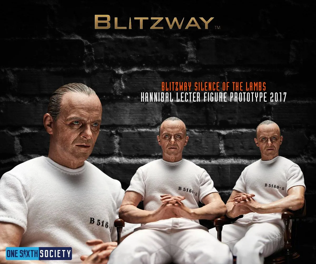 Three views of Hannibal Lecter in a white prison outfit, including seated poses with his hands clasped.