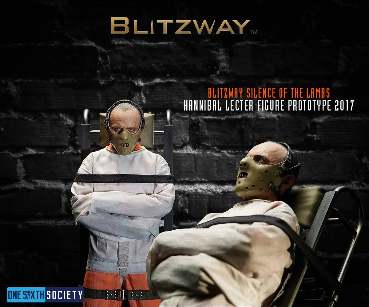 Two views of the masked Hannibal Lecter prototype strapped to a transport dolly in a white straitjacket and orange trousers.