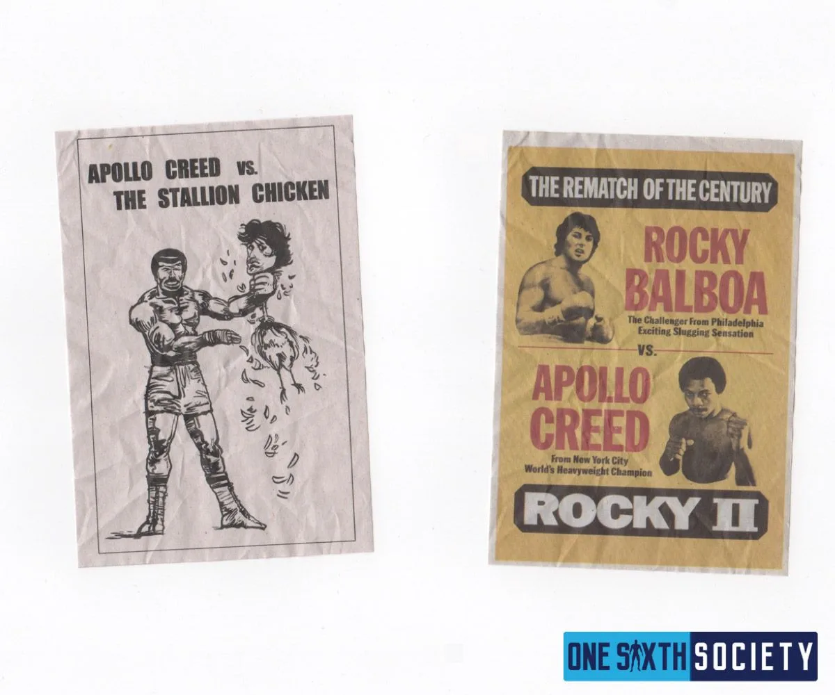 Two miniature Rocky II fight posters, one reading Apollo Creed vs. the Stallion Chicken and the other advertising the rematch.