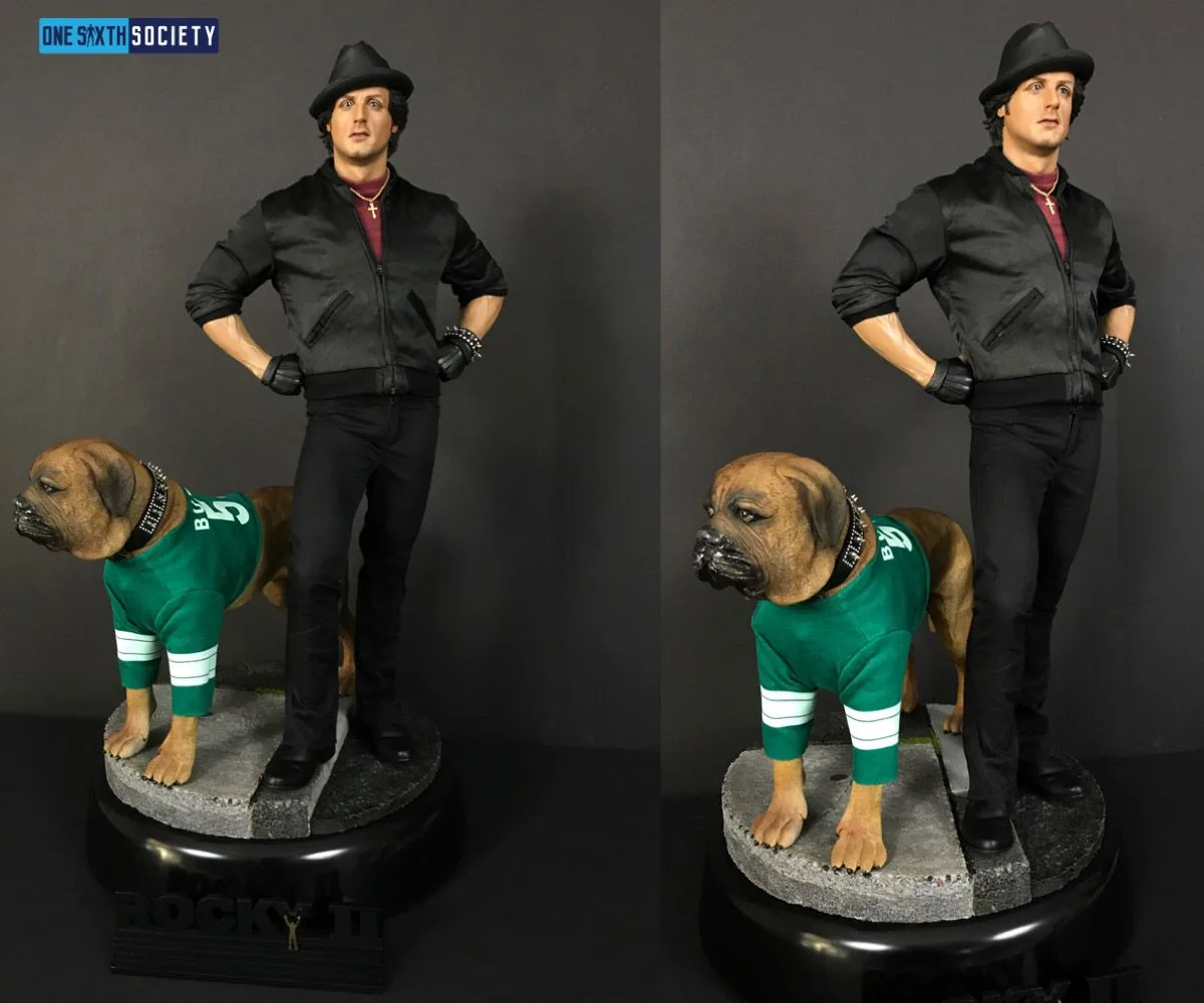 Two views of Rocky standing with his hands at his hips beside Butkus in a green jersey on a circular street-scene display base.