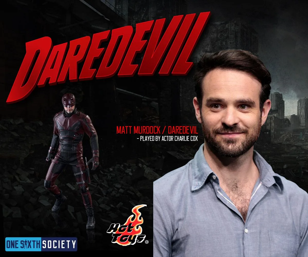Red-suited Daredevil figure beside a cast portrait labelled Matt Murdock / Daredevil, played by Charlie Cox.