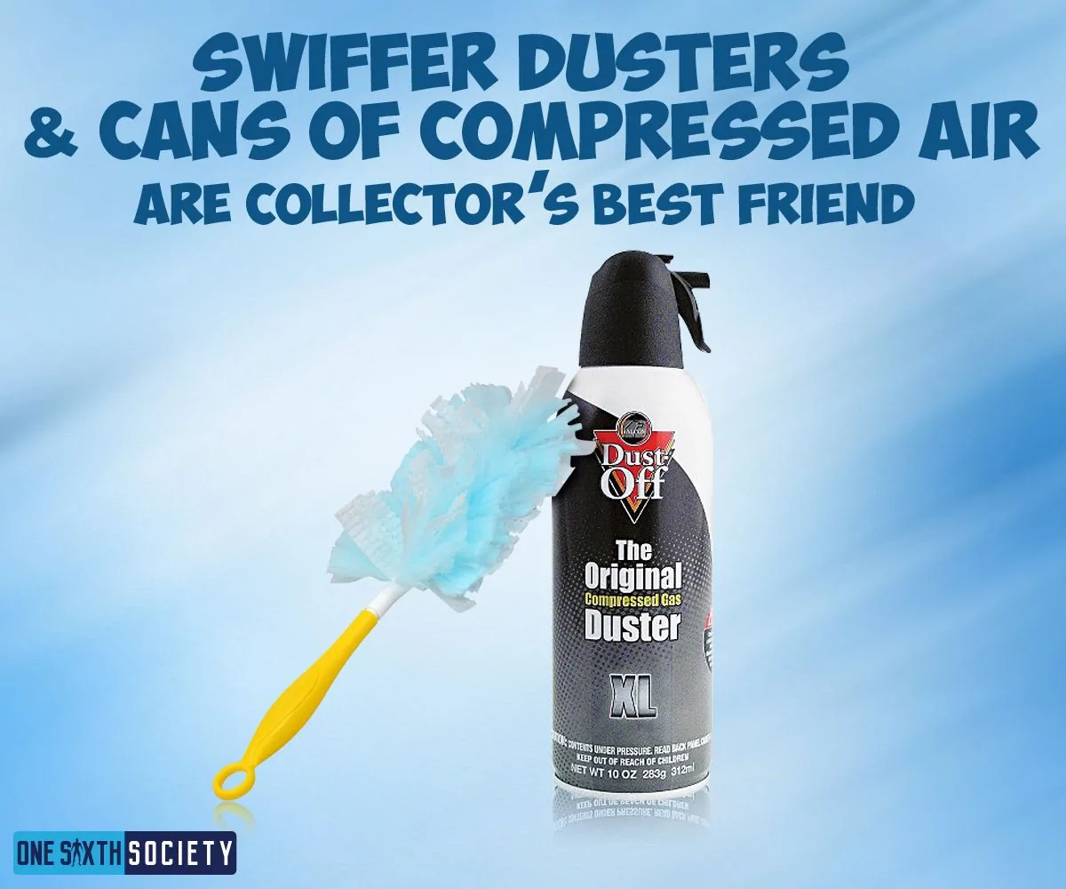 Archived cleaning-guide graphic showing a blue household duster and a can of compressed gas; the article explains material-specific precautions.