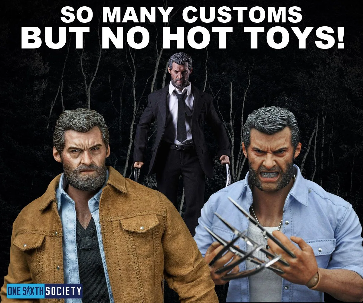 Three custom Logan interpretations, wearing a brown jacket, black suit and blue shirt, beneath a historical headline contrasting customs with Hot Toys.