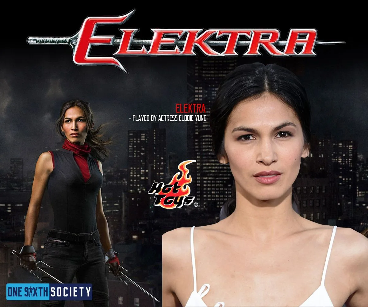 Elektra character-and-cast graphic showing a black outfit, red neck wrap and sai beside a portrait labelled Elodie Yung.