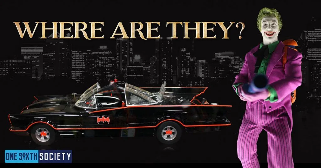 Where Are They? wishlist banner with a purple-suited 1966 Joker and black-and-red Batmobile against a dark city skyline.