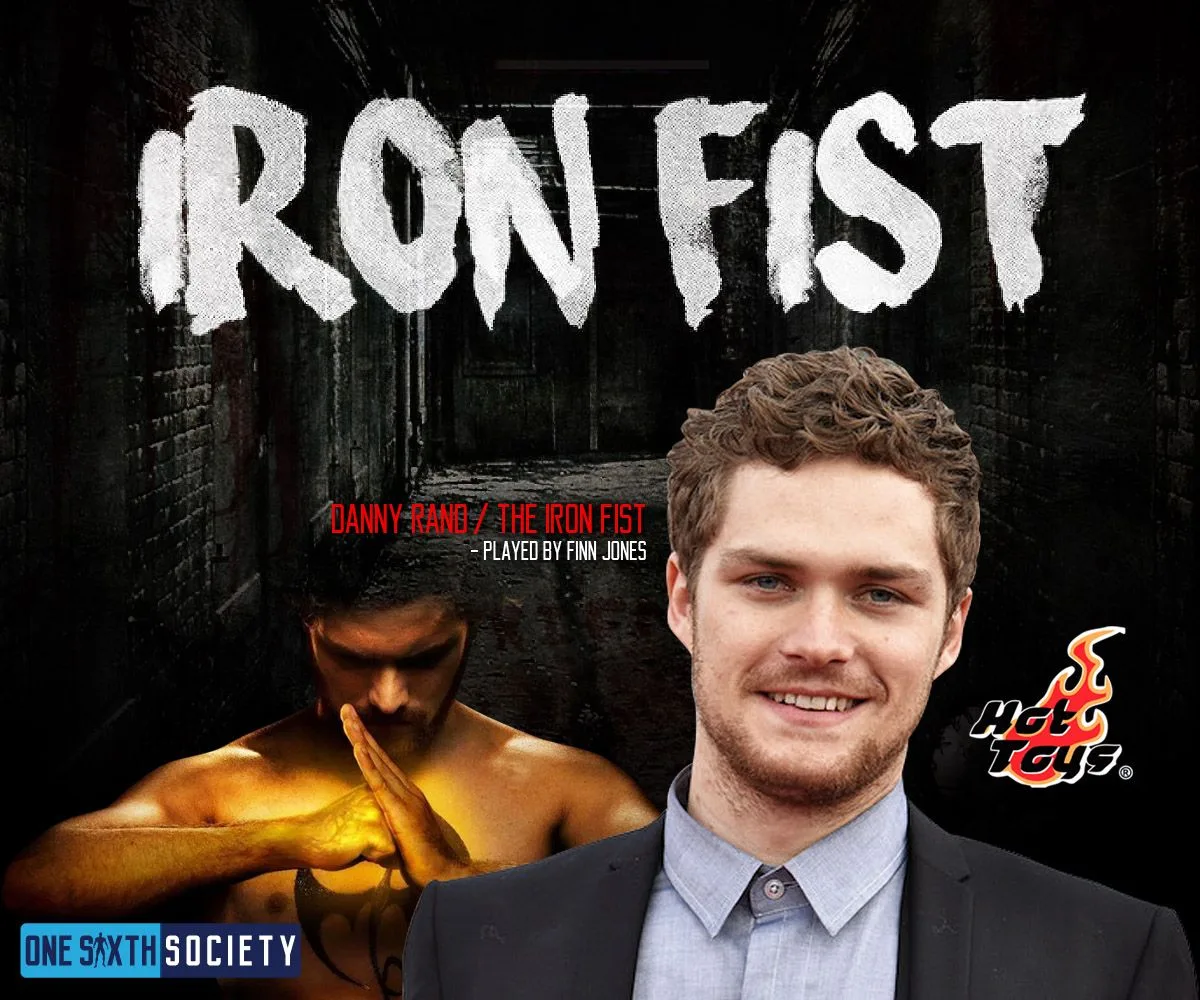 Iron Fist editorial graphic pairing a comic-style character with a glowing fist and a cast portrait labelled Finn Jones.