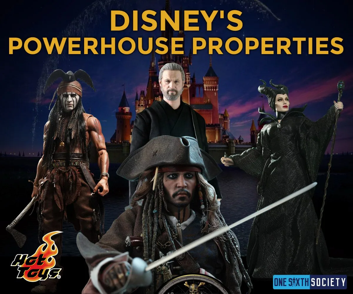 Disney's Powerhouse Properties graphic showing Jack Sparrow, Maleficent and other character collectibles against a castle backdrop.