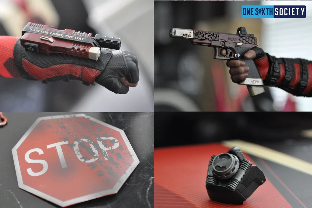 Hot Toys Deadshot detail collage showing a wrist-mounted gun, decorated handgun, miniature stop sign and black wrist accessory.