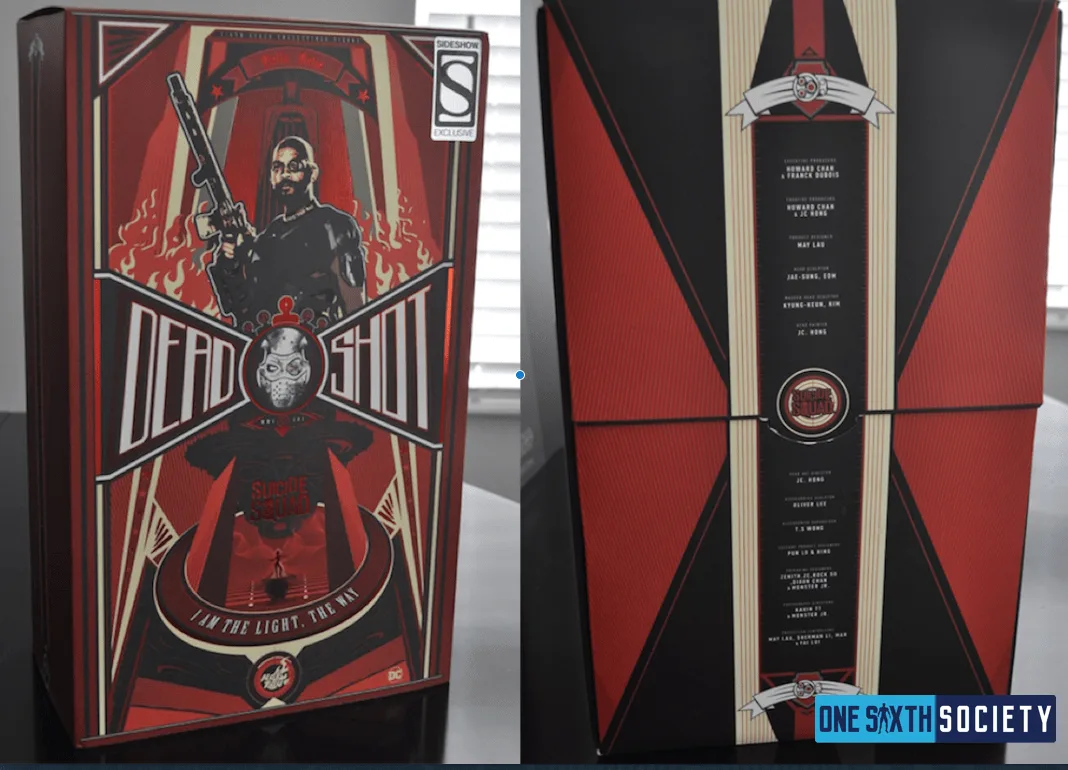 Front and reverse views of the red-and-black Hot Toys Deadshot art box, showing character artwork and a narrow credits panel.
