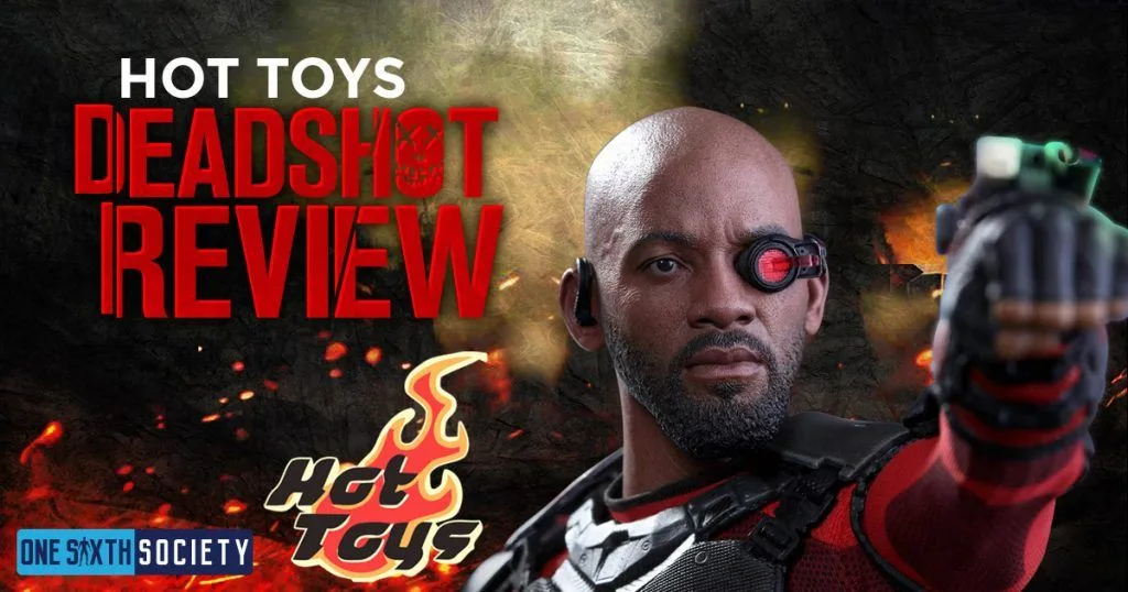 Hot Toys Deadshot figure aiming a handgun toward the viewer, with a red eye scope beside the review title.