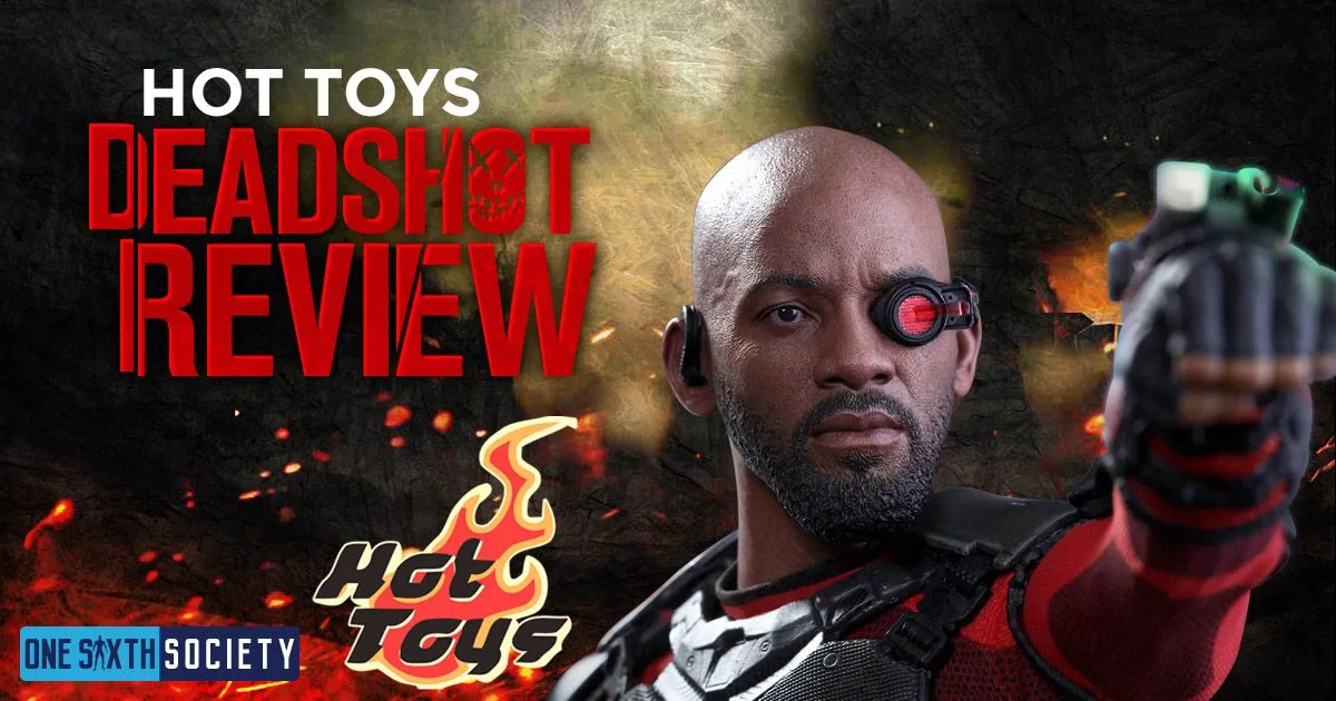 Hot Toys Deadshot figure aiming a handgun toward the viewer, with a red eye scope beside the review title.