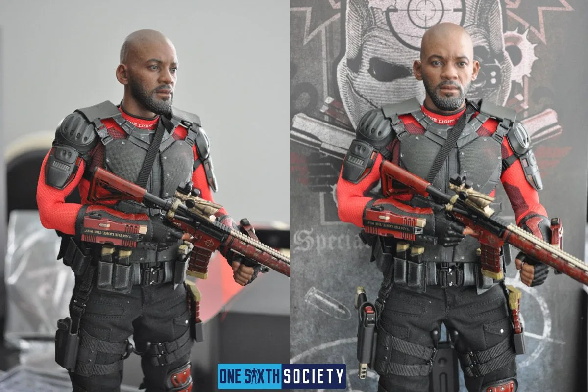 Two views of Hot Toys Deadshot holding a red-and-black rifle across his tactical vest, with his unmasked head fitted.