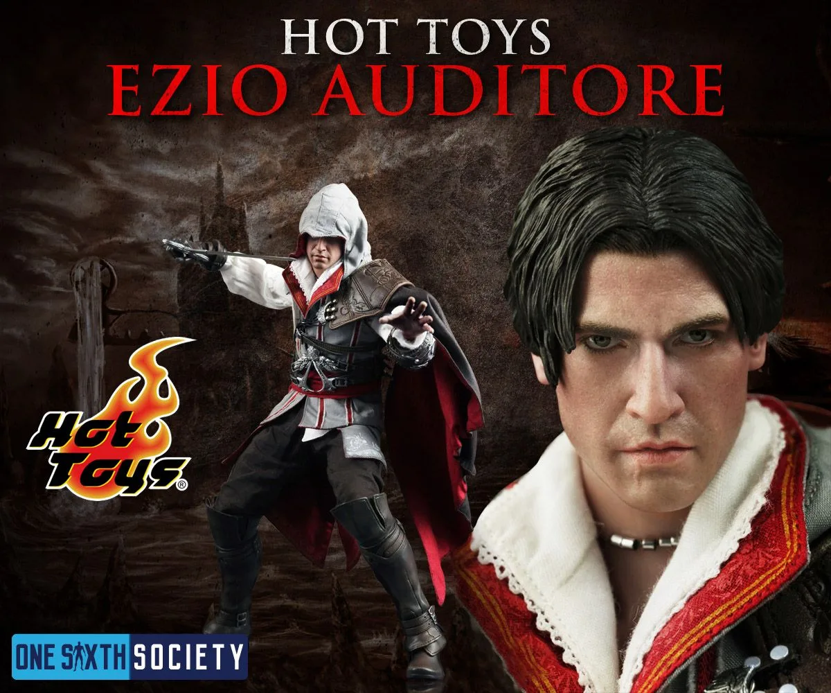 Hot Toys Ezio Auditore graphic combining a hooded figure in white-and-red robes with an unhooded head-sculpt close-up.