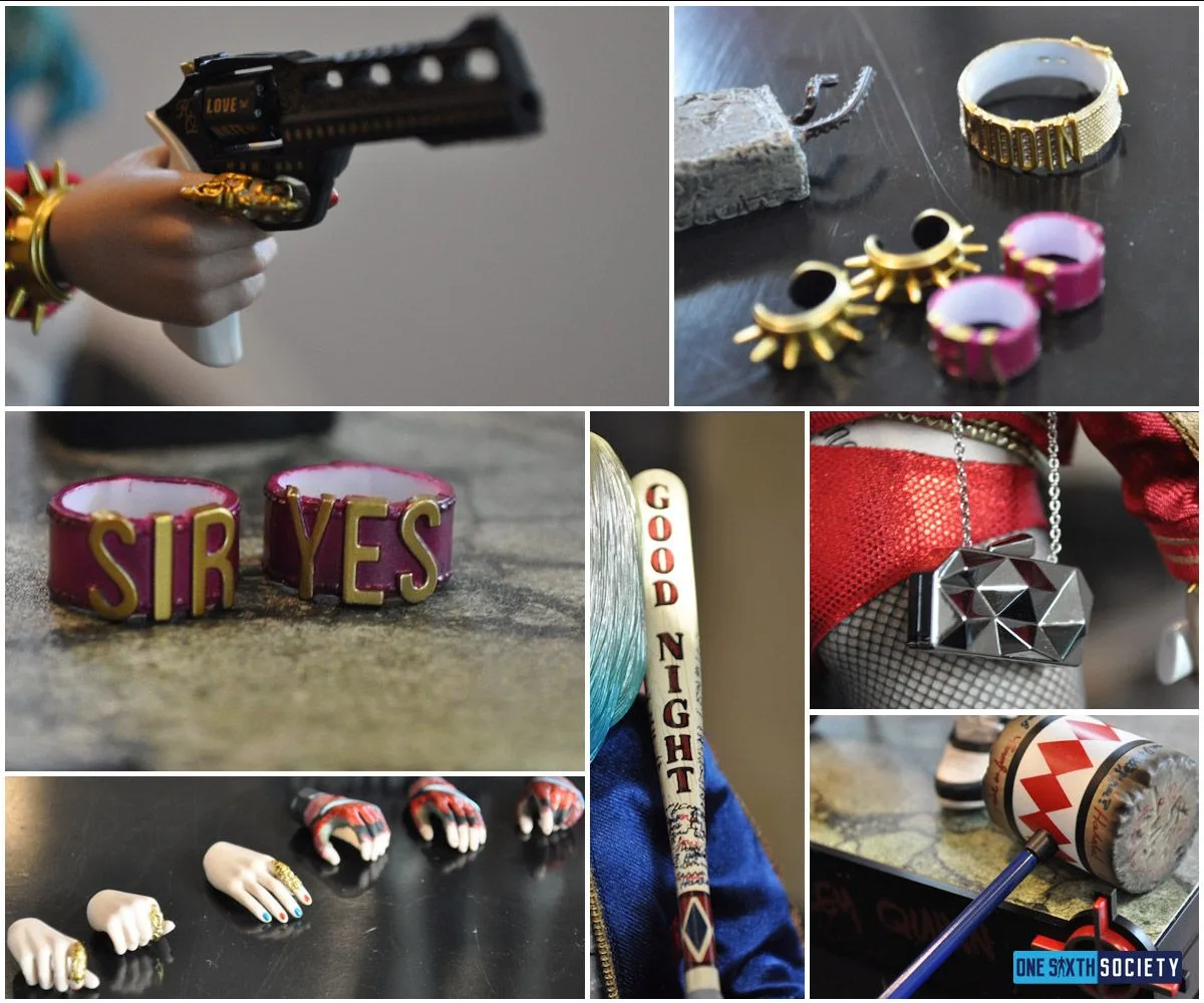 Harley Quinn accessory collage showing a revolver, PUDDIN choker, bracelets, spare hands, GOOD NIGHT bat, silver purse and striped mallet.