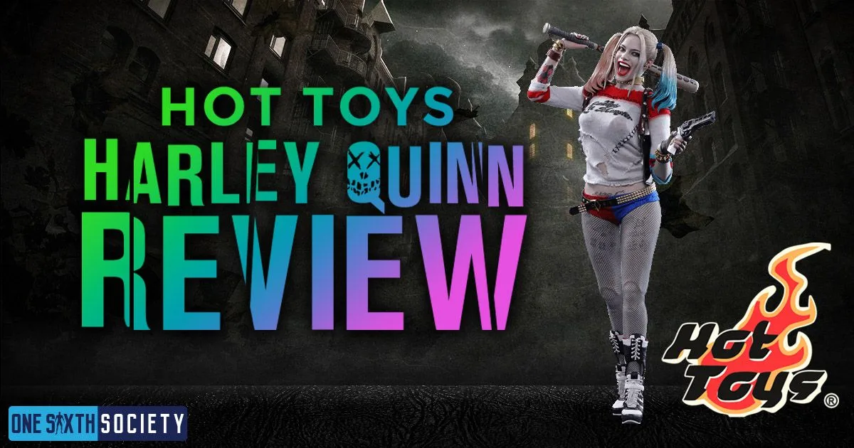 Hot Toys Harley Quinn Review banner with pink-and-blue lettering and the figure carrying a baseball bat.