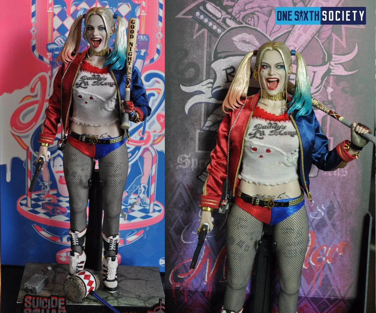 Two Harley Quinn figure poses in a red-and-blue jacket and shorts: beside a striped mallet, and carrying a bat across her shoulder with a pistol.