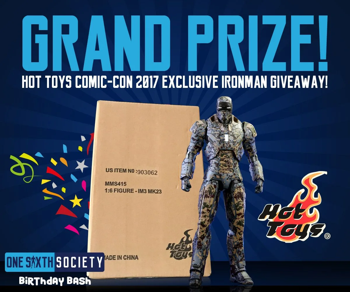 Archived 2017 birthday giveaway graphic showing a camouflage-pattern Iron Man figure beside its brown shipping box under a Grand Prize headline.